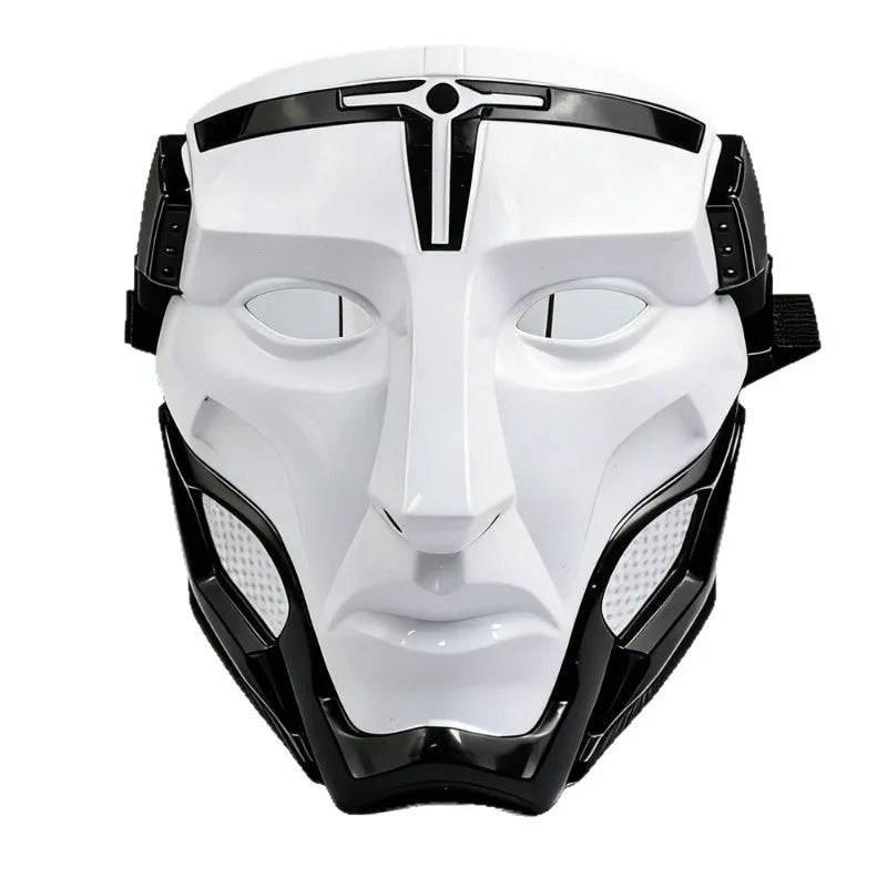 A white and black tactical warden cosplay mask with a prominent central design.