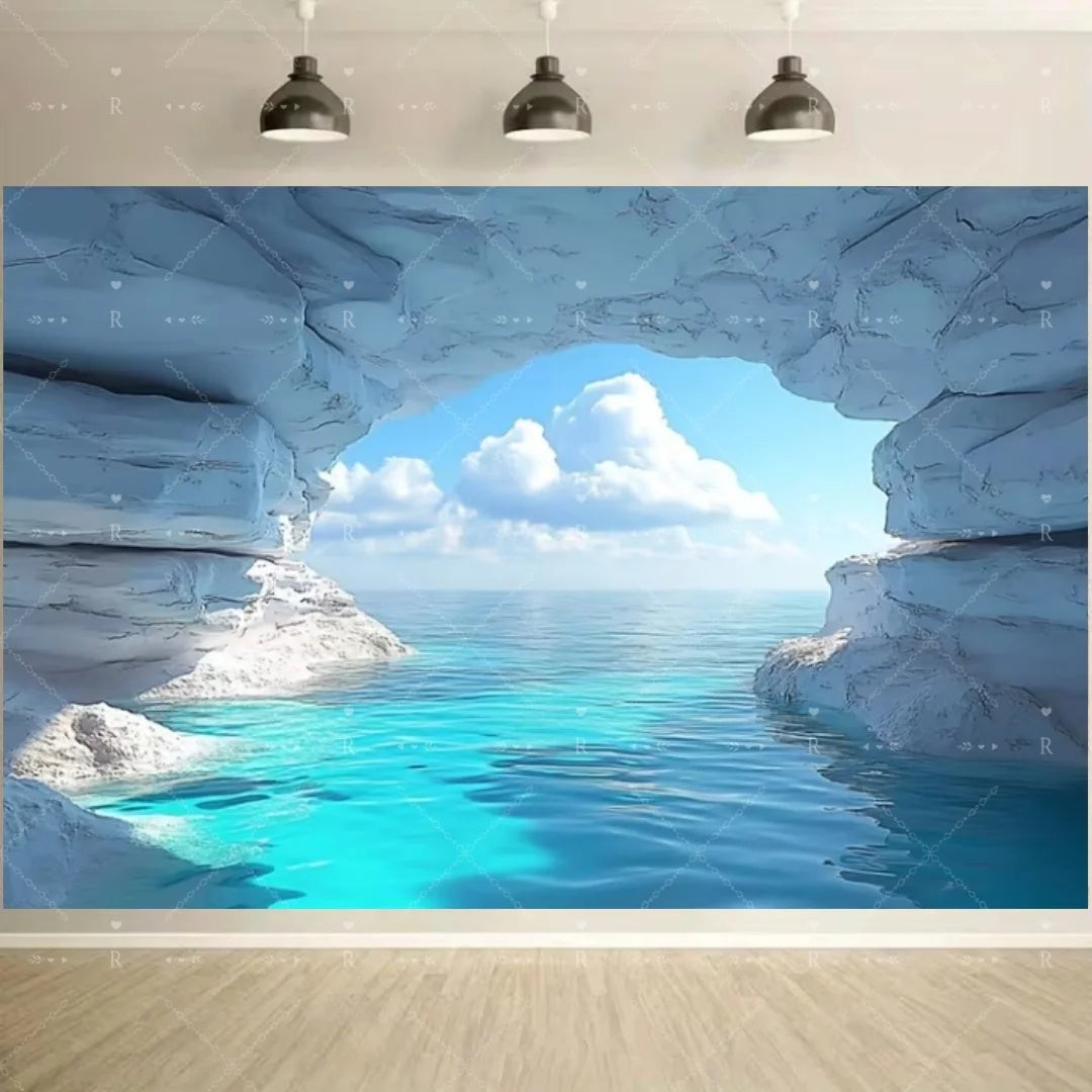 A large, natural-looking blue cave opening with clear turquoise water and white rock formations.