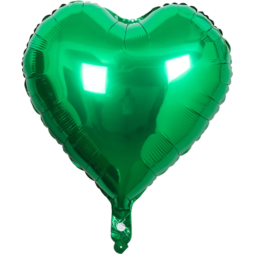 A green heart-shaped foil balloon with a star design.