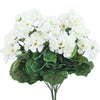 A bouquet of white lifelike artificial geranium flowers with green leaves.