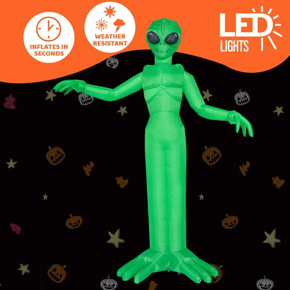A green, 9ft tall alien inflatable decoration with LED lights against a black background.