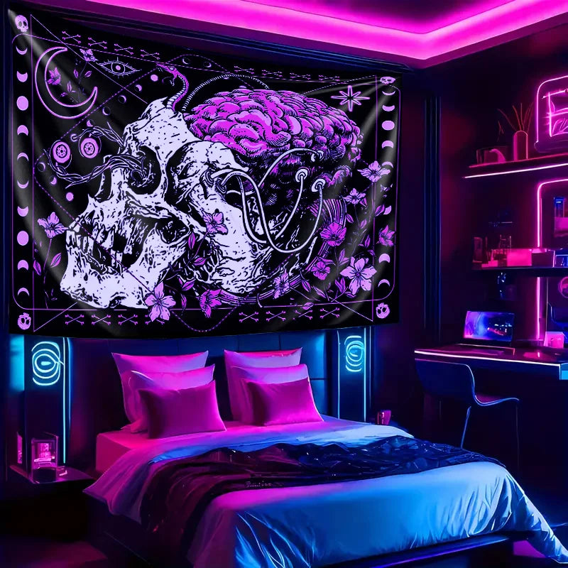 A dark wall hanging featuring a gothic skull and brain design in purple and white on a black background.