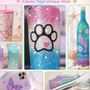 DIY designs featuring glittery resin and rhinestone crafts including a tumbler, a glass bottle, and a patterned phone case.