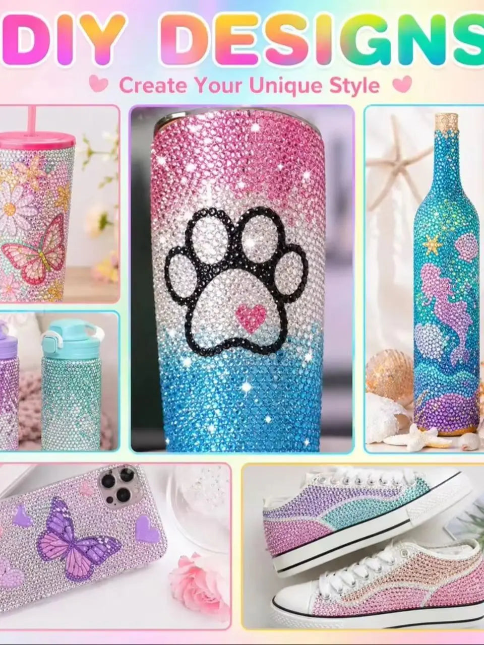 DIY designs featuring glittery resin and rhinestone crafts including a tumbler, a glass bottle, and a patterned phone case.