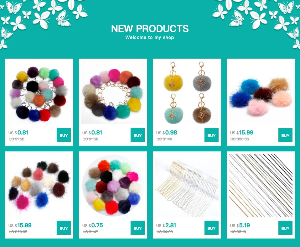 A collection of faux fur pom pom keychains in various colors and shades with silver chains.