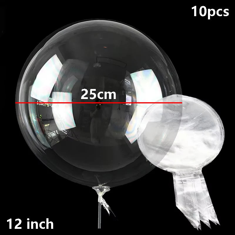 A clear bubble balloon is shown, measuring 25cm, with a 10pcs count and a 12 inch size.
