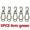 Five green arm clips or holders for gloves