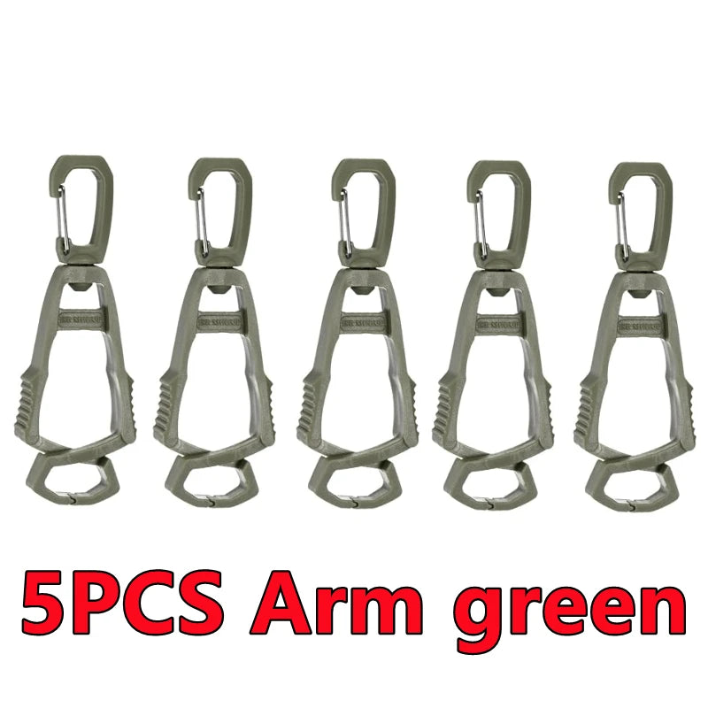 Five green arm clips or holders for gloves