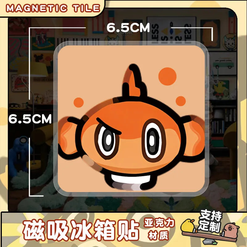 A close-up of an orange Pokémon Q-Style acrylic fridge magnet featuring a fierce expression.