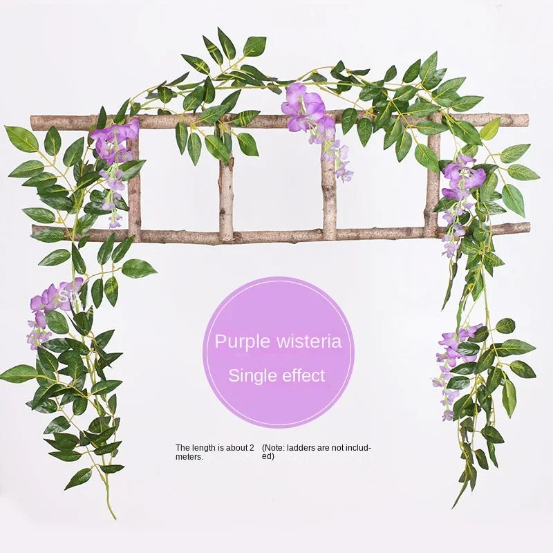 A silk wisteria vine garland draped over a wooden trellis for wedding and home decor.
