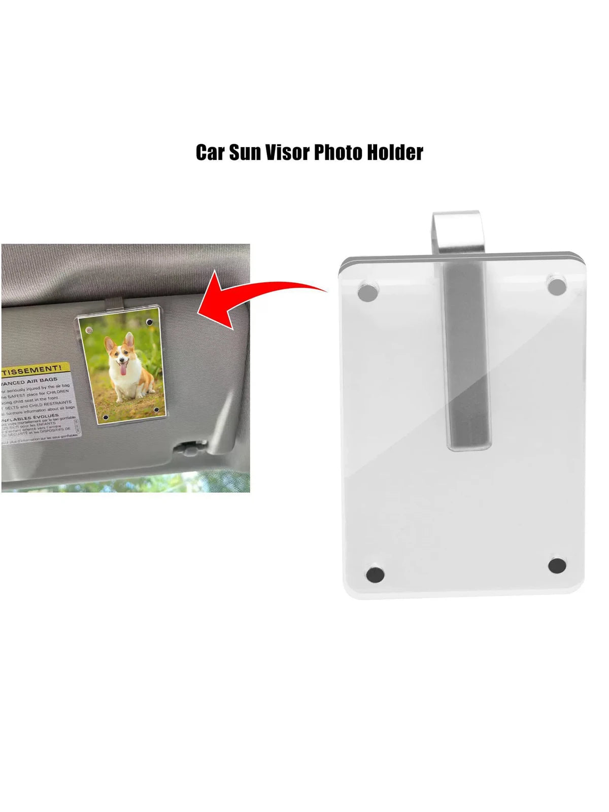 Clear acrylic photo holder clip designed to attach to a car sun visor.