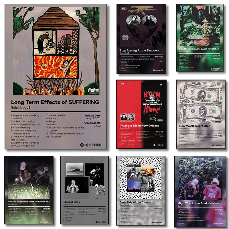 A collection of modern hip-hop album cover canvas art featuring various dark and intense themes.
