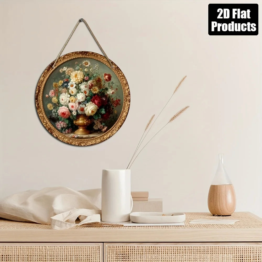 A round vintage floral wall art piece featuring roses and greenery mounted on a wooden frame.