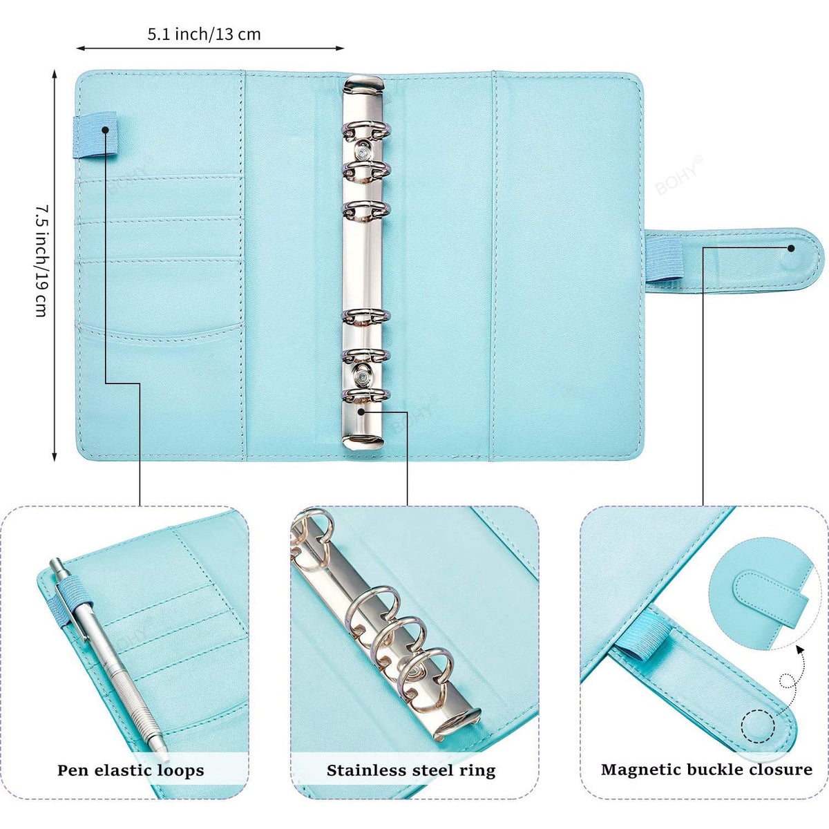 Light blue A6 PU leather budget planner binder with pen elastic loops, a stainless steel ring, and a magnetic buckle closure.