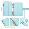 Light blue A6 PU leather planner binder with elastic loops, a stainless steel ring, and a magnetic buckle closure.