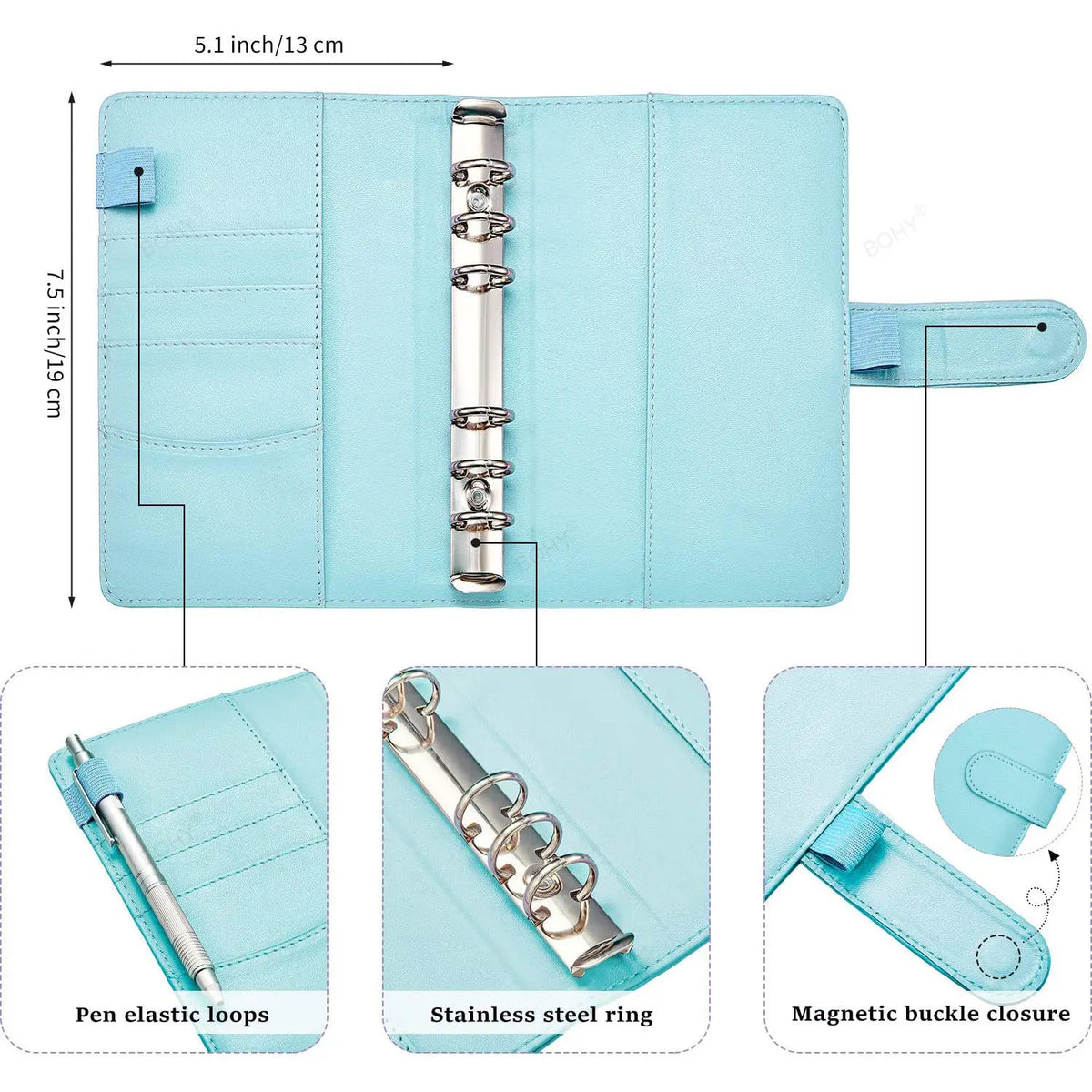 Light blue A6 PU leather planner binder with elastic loops, a stainless steel ring, and a magnetic buckle closure.