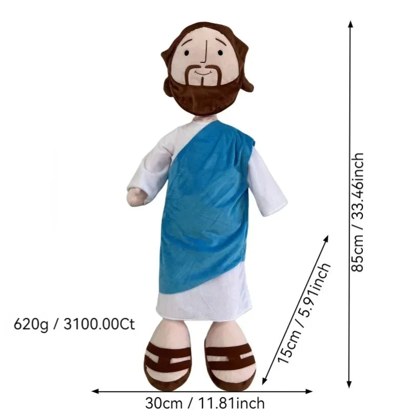 A plush doll depicting Jesus with a beard and a blue garment, standing upright.
