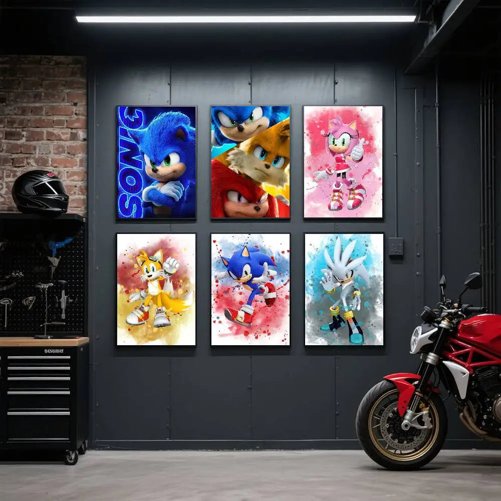 A display of three anime-style movie posters featuring Sonic the Hedgehog characters on a dark gray wall.