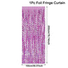 A vertical curtain made of iridescent foil fringe with pink and purple hues.