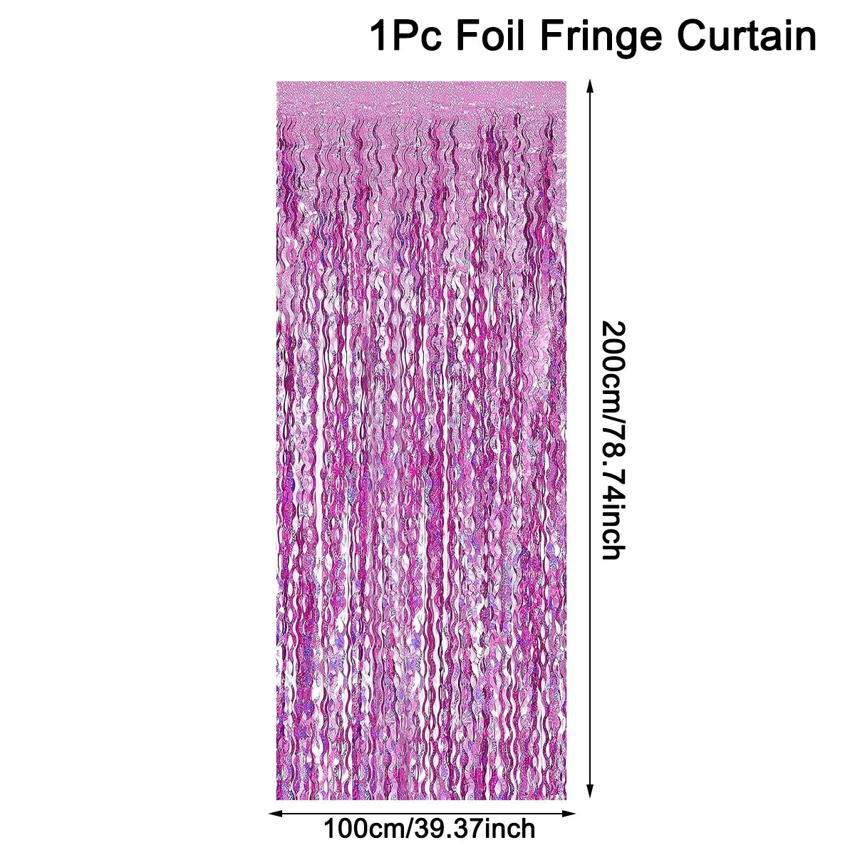 A vertical curtain made of iridescent foil fringe with pink and purple hues.