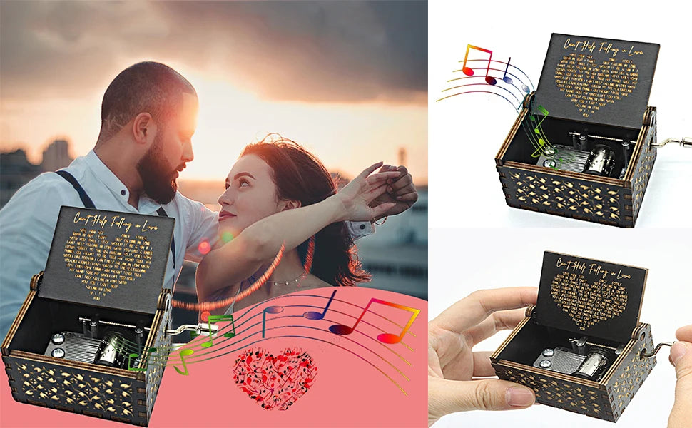An antique wood music box with an engraved melody is shown open, featuring a small mechanism and a heart design.