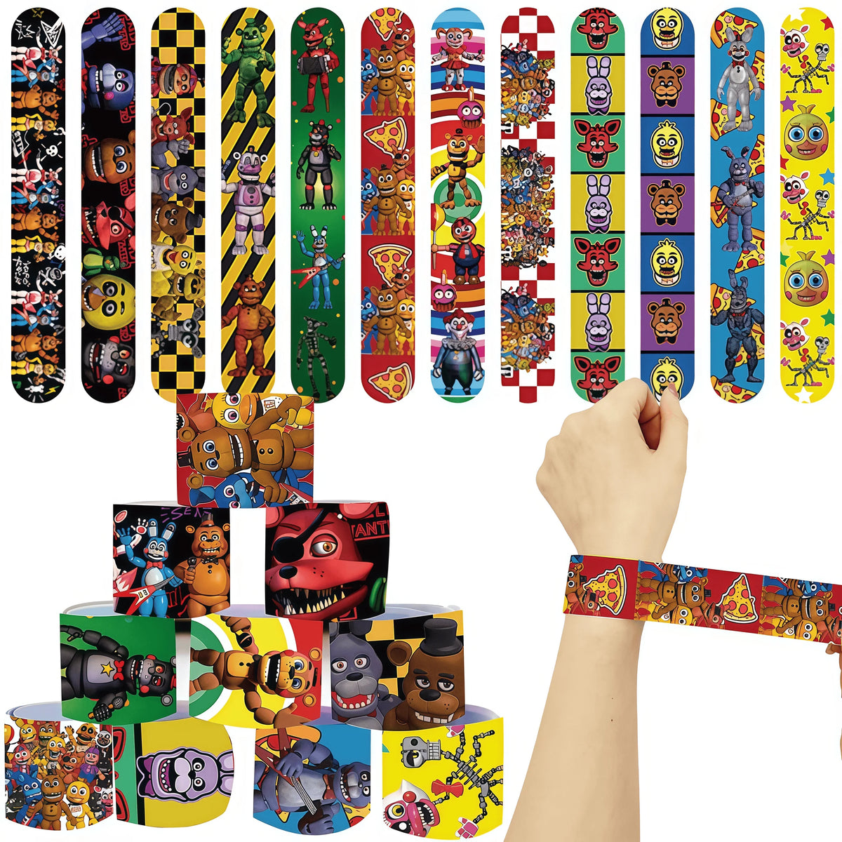 A collection of Five Nights at Freddy's themed birthday party supplies, including various character figures and decorations.