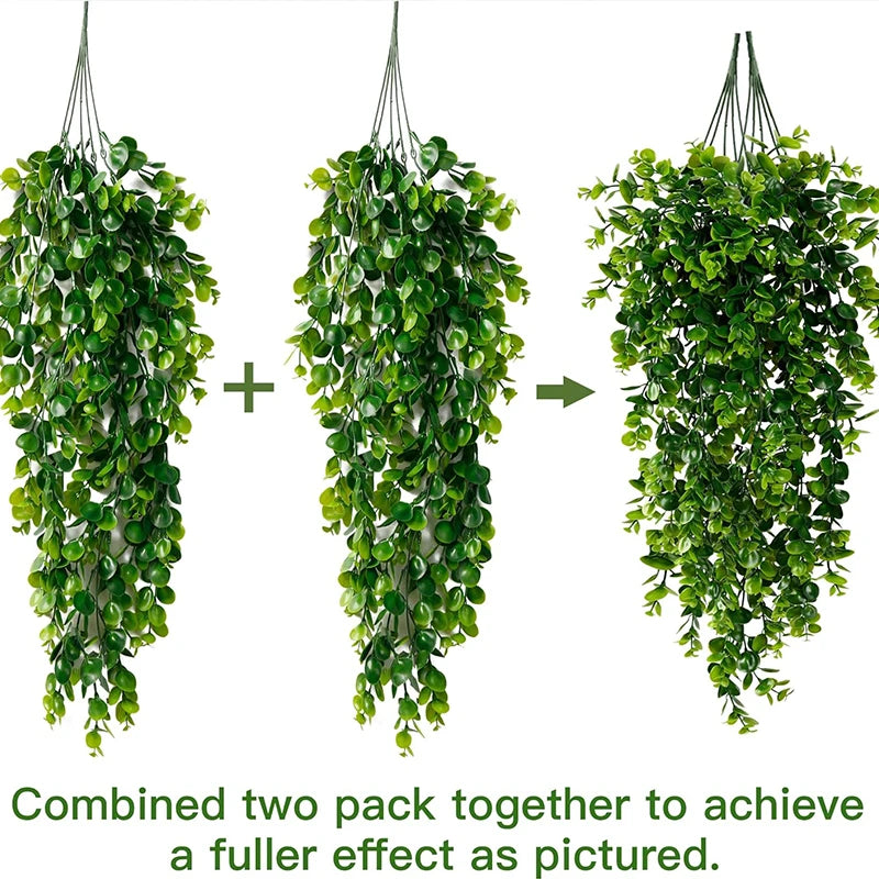 Three strands of artificial eucalyptus hanging plants shown side-by-side, demonstrating a combined effect.