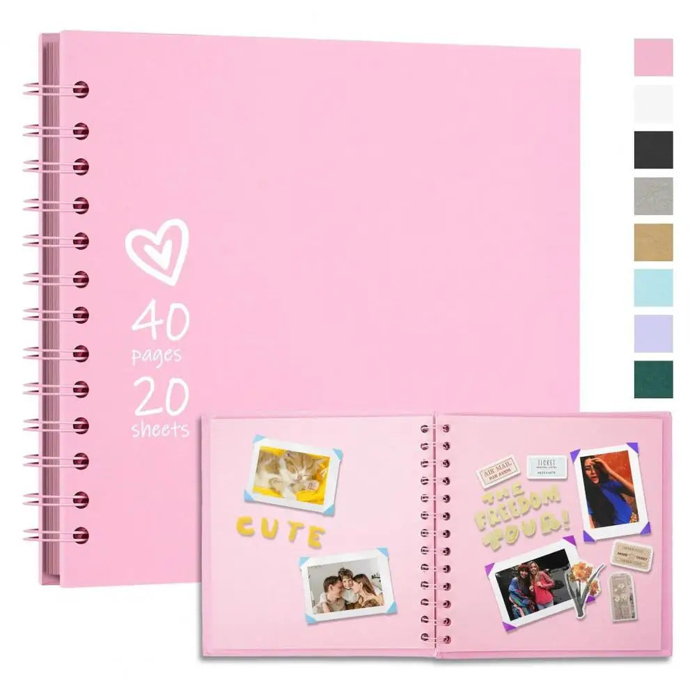 A pink spiral-bound scrapbook album with 40 pages and 20 sheets, featuring decorative elements.
