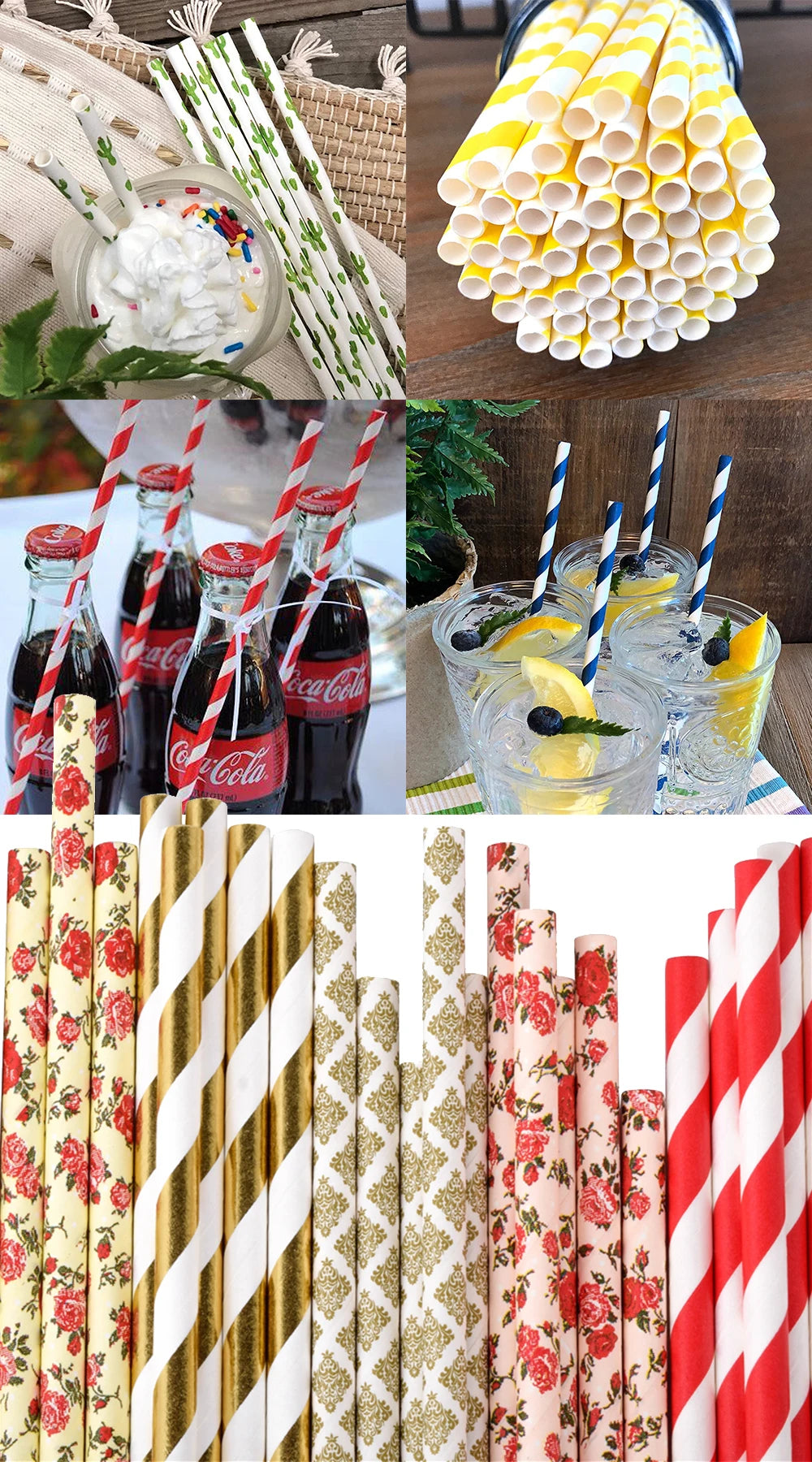 A collection of colorful striped and polka dot paper drinking straws in various patterns and colors.