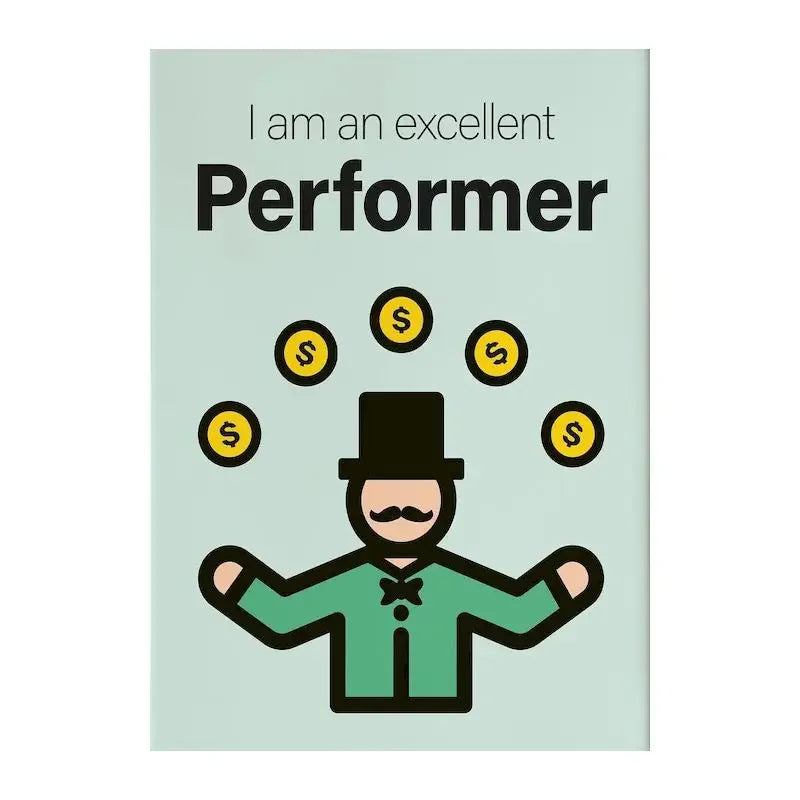 Impresión de arte motivacional con el texto 'Soy un excelente intérprete' y signos de dólar en un fondo verde claro