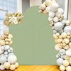 A display of three beige and white spherical spandex wedding arch covers arranged in a vertical line against a pale green bac