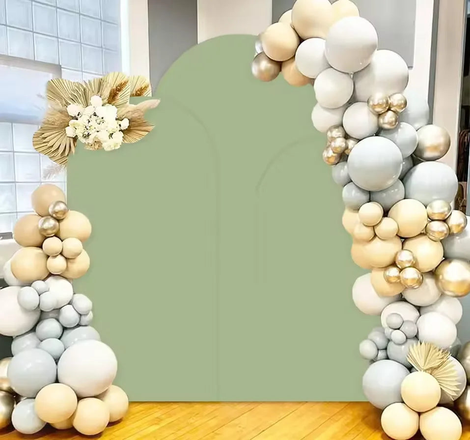 A display of three beige and white spherical spandex wedding arch covers arranged in a vertical line against a pale green bac