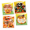 A set of four yellow Halloween cellophane treat bags featuring pumpkin and trick-or-treat themed designs.