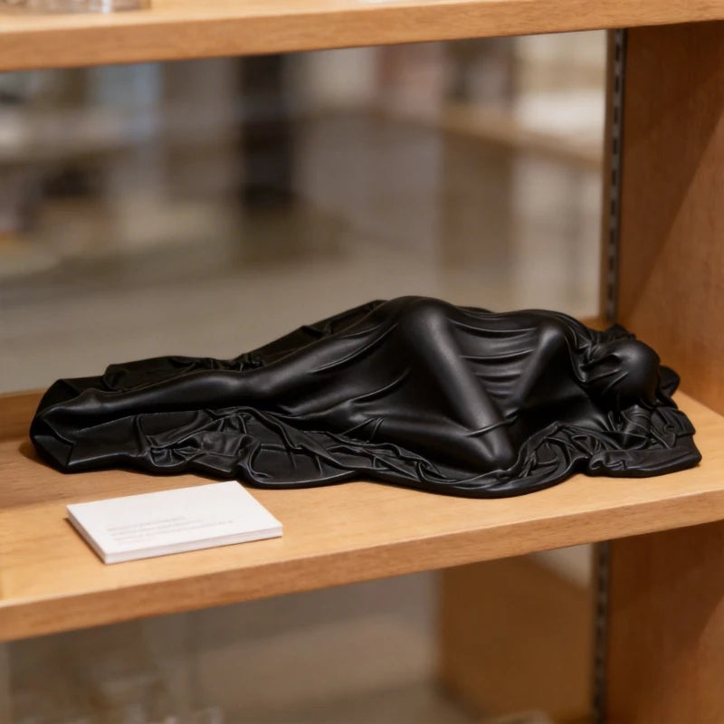 A black, draped reclining female statue sculpture is displayed on a wooden shelf.