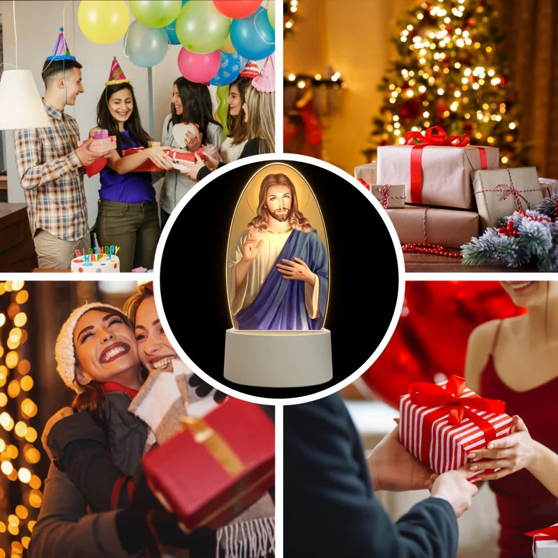 A close-up of an illuminated Jesus Christ night light for bedside, shown in various contexts.