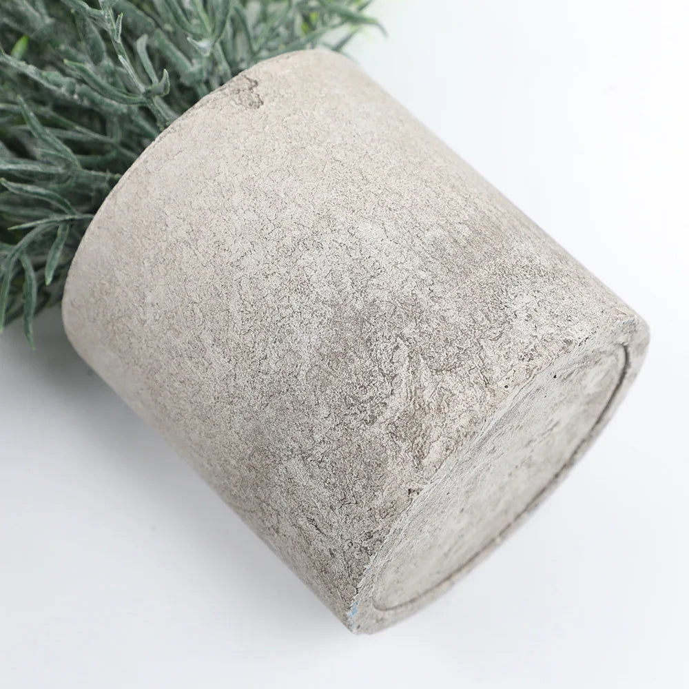 A rustic gray cylindrical pot holding a green eucalyptus plant.
