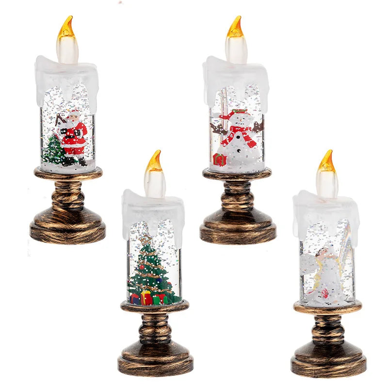 A set of festive snowflake candles with a wind lamp effect and gold tips displayed on wooden stands.