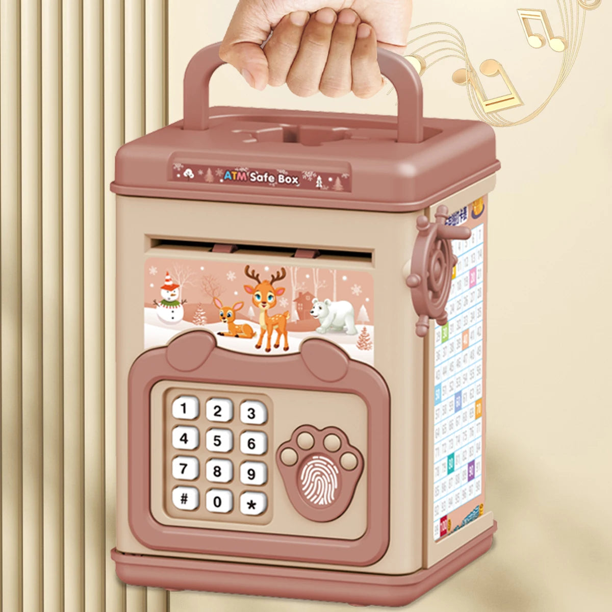 A pink electronic ATM piggy bank with a paw print design and a password lock for children.