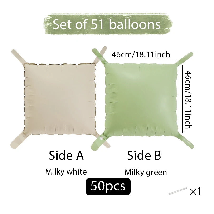 Set of 51 double-sided square foil balloon wall panels, Side A milky white and Side B milky green.