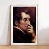 A dark oil painting portrait of a man with intense expression and hand gesture.
