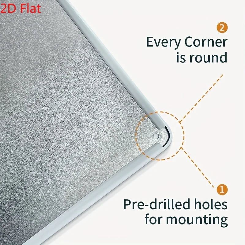A silver 2D flat metal sign with rounded corners and pre-drilled holes for mounting.