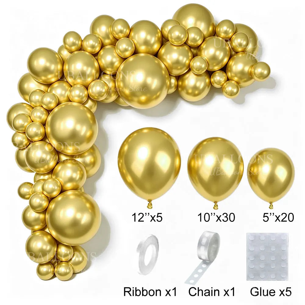 Gold latex balloon garland kit featuring balloons, ribbon, chain, and glue for party decor