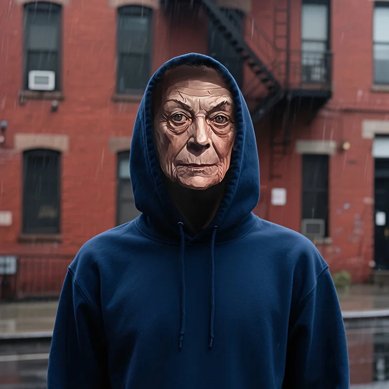 A close-up of a person wearing a dark blue hoodie with an expressive, aged face painted on the hood.