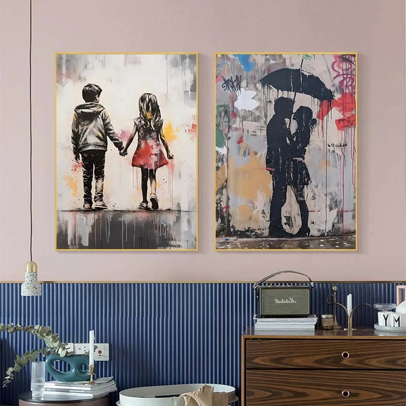 Two figures holding hands in a black and white Banksy style painting featuring a girl with a balloon