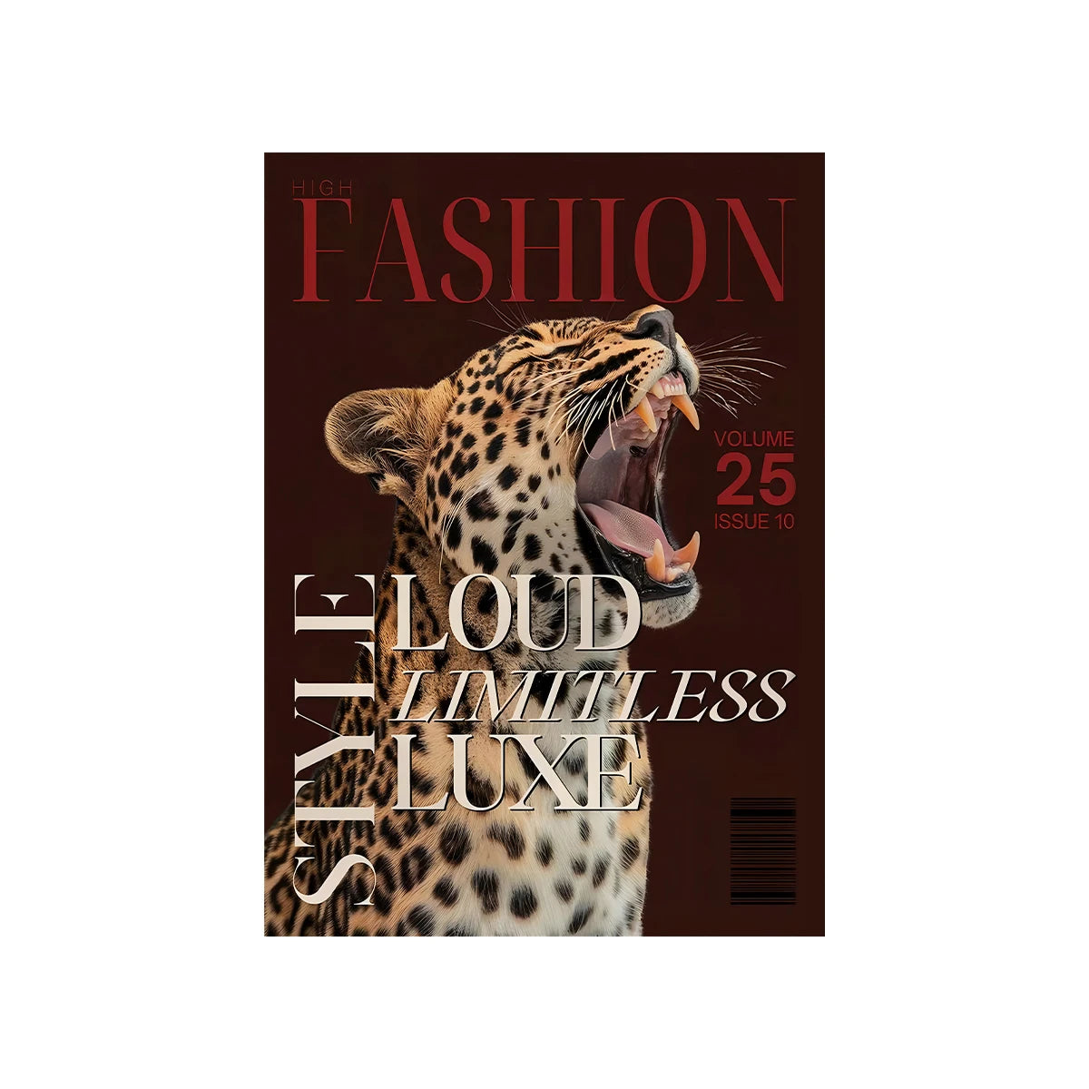 Couverture de magazine High Fashion Loud Limitless Luxe, Volume 25, Numéro 10, avec un motif léopard.