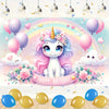 A magical pink unicorn character illustration with a rainbow background and balloons for a birthday party backdrop.