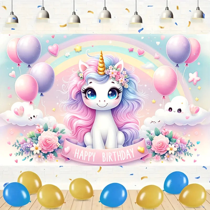 A magical pink unicorn character illustration with a rainbow background and balloons for a birthday party backdrop.