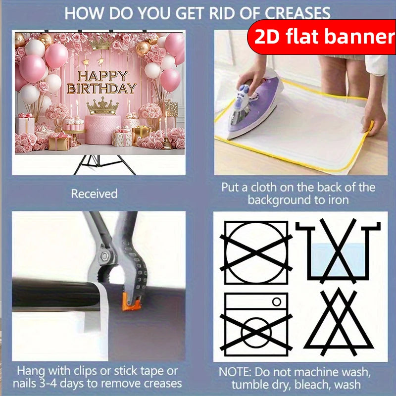 2D flat banner showing how to get rid of creases with an iron and laundry symbols