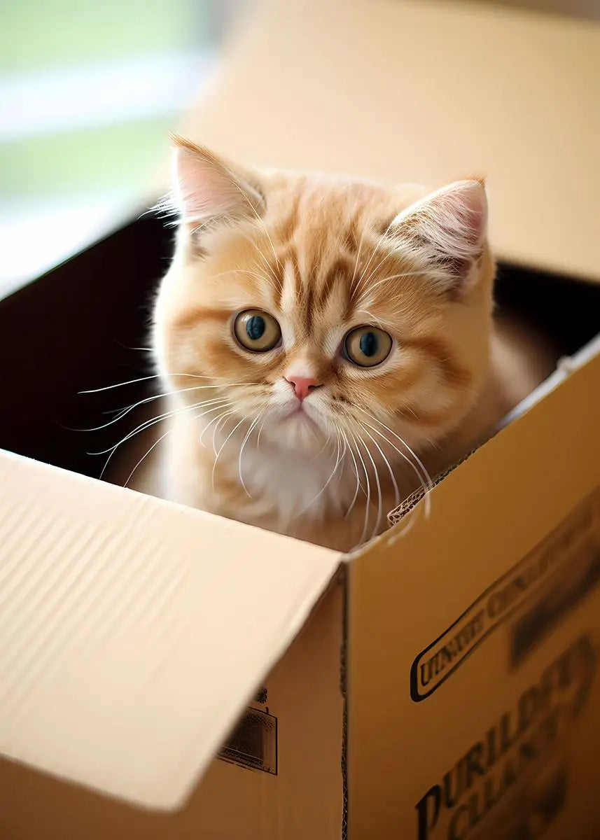 A fluffy orange kitten peeks out of a cardboard box.