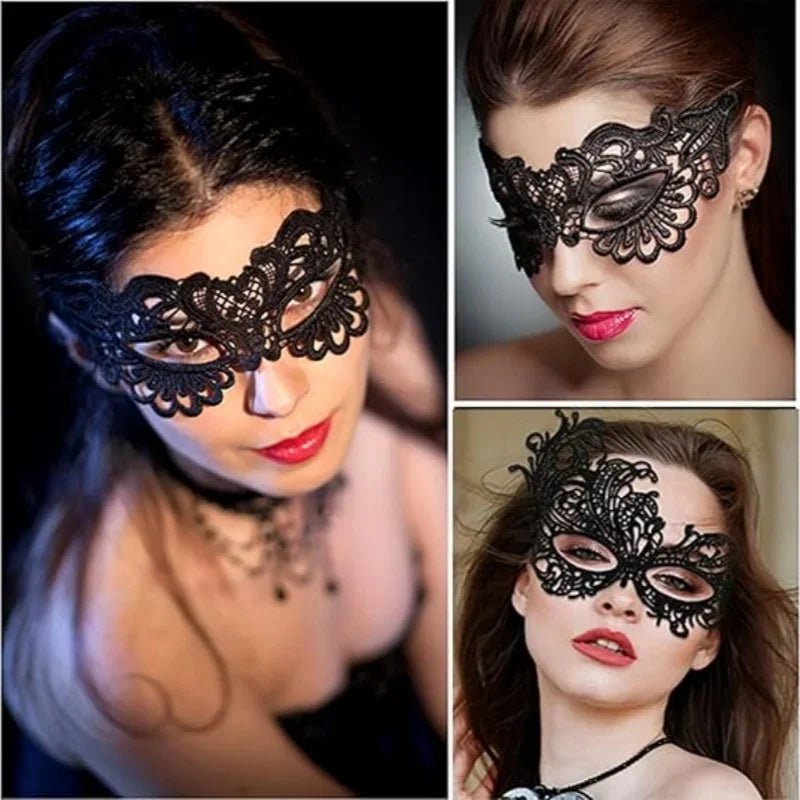 A woman wearing an elegant black lace masquerade mask for a costume party.